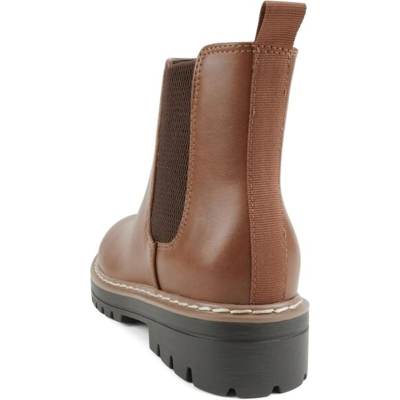 Women Brn Pu Welt Lug Sole Low Chunky Heel Chelsea Double Elastic Ankle Booties - Picture 3 of 5